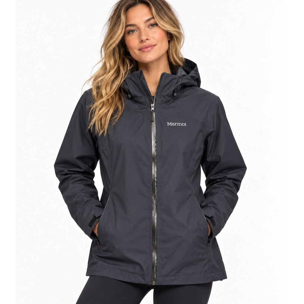 Marmot Rain Jacket Women Large Black Hooded Windbreaker Hiking 145730 EUC